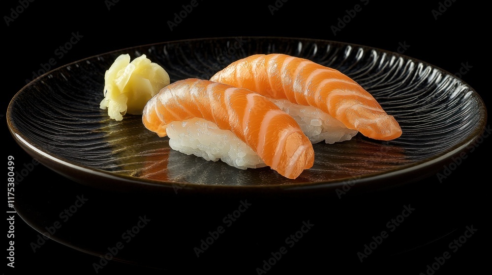 Traditional Japanese salmon nigiri and maki rolls arranged on a dark plate, styled for a premium dining experience. Traditional Japanese salmon nigiri and maki rolls arranged on a dark plate, styled for a premium dining experience.