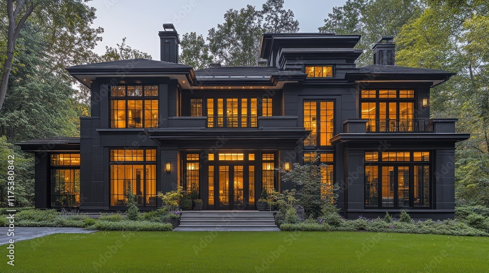 Luxurious black modern house at dusk, illuminated windows, green lawn. Luxurious black modern house at dusk, illuminated windows, green lawn.