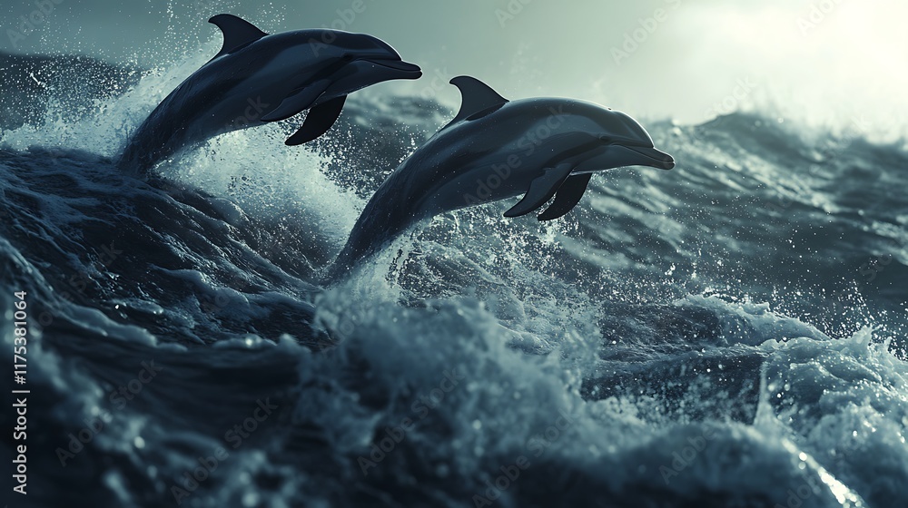Fototapeta premium Dolphins leaping through ocean waves