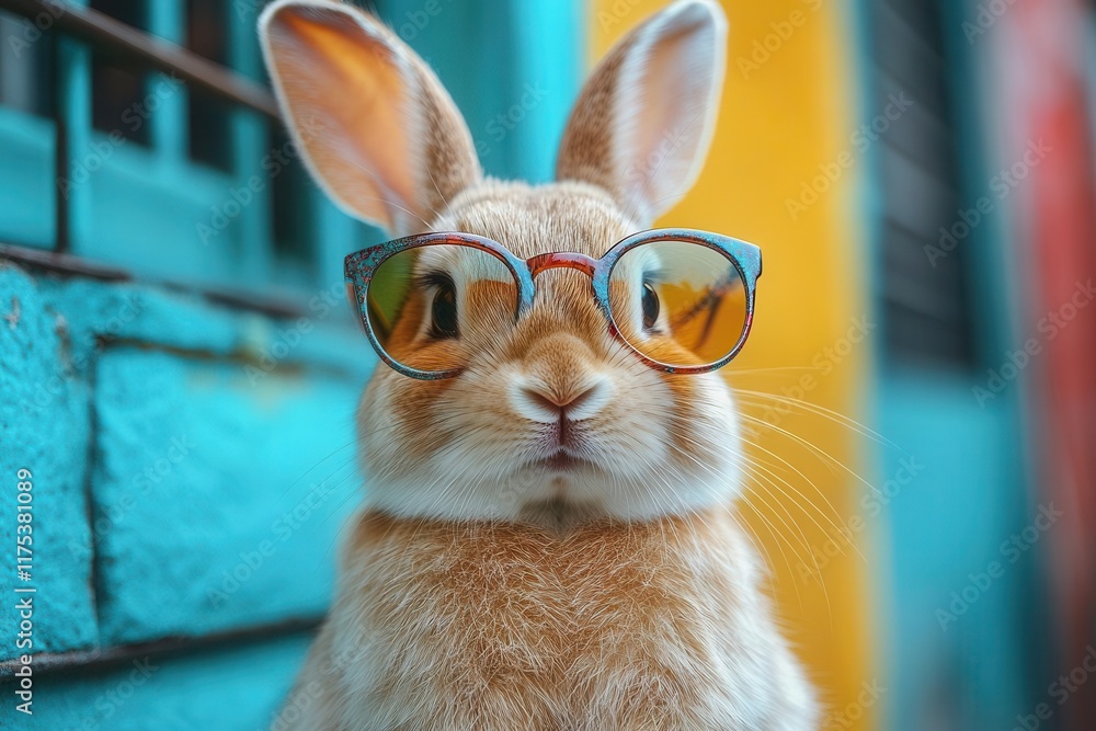 cool bunny with stylish sunglasses lounges against a vibrant background exuding a fun and playful vibe the colorful setting enhances the whimsical character appealing to all ages