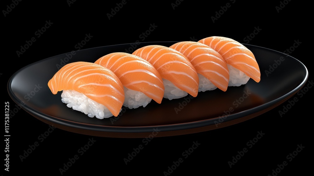 Traditional salmon nigiri sushi with perfectly sliced salmon on rice, elegantly displayed on a black ceramic dish. Traditional salmon nigiri sushi with perfectly sliced salmon on rice, elegantly displayed on a black ceramic dish.