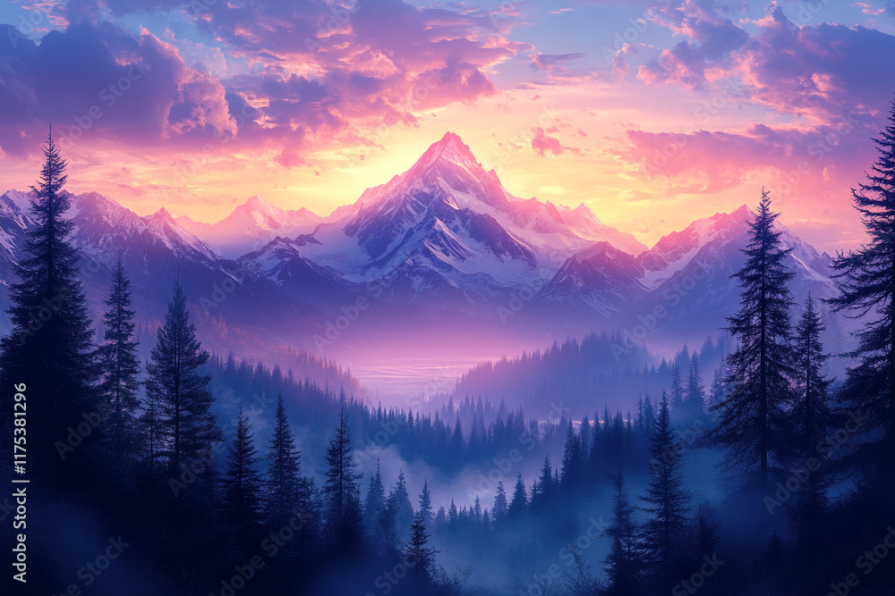 Obraz premium Majestic Mountain Peak Sunrise Over Misty Forest