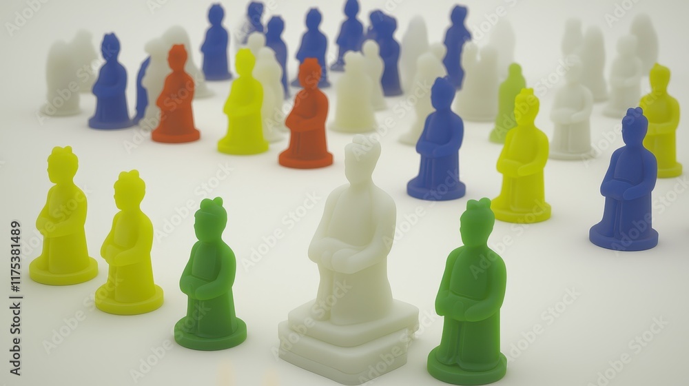 Colorful Miniature Figurines Arranged on White Background Colorful Miniature Figurines Arranged on White Background