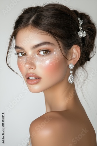 model with sleek and brown skin, shiny hair in an elegant updo hairstyle and silver glitter eyeshadow on her brown eyes, wearing diamond earrings