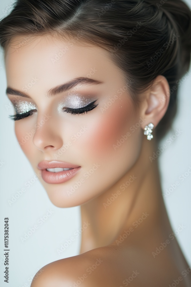 model with sleek and brown skin, shiny hair in an elegant updo hairstyle and silver glitter eyeshadow on her brown eyes, wearing diamond earrings model with sleek and brown skin, shiny hair in an elegant updo hairstyle and silver glitter eyeshadow on her brown eyes, wearing diamond earrings