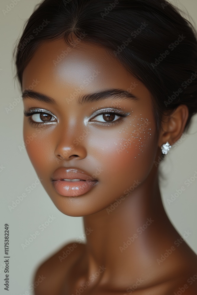 Naklejka premium model with sleek and brown skin, shiny hair in an elegant updo hairstyle and silver glitter eyeshadow on her brown eyes, wearing diamond earrings