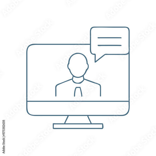 Person on computer screen with speech bubble. Speaker, lector, online meeting, 