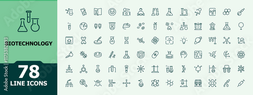 Set of Biotechnology line icons. Includes icons for scientific, innovation, scientist, experiment, microscope, interaction, science. Minimalist editable vector icon and illustration.