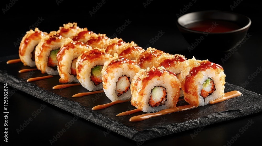 Vibrant sushi rolls with shrimp tempura and spicy mayo, arranged on a sleek slate board with soy sauce in the background. Vibrant sushi rolls with shrimp tempura and spicy mayo, arranged on a sleek slate board with soy sauce in the background.
