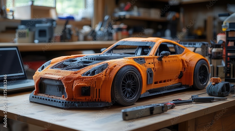 Fototapeta premium 3D-printed car model alongside a laptop and modeling tools on a workbench, showcasing creativity and innovation in design and engineering