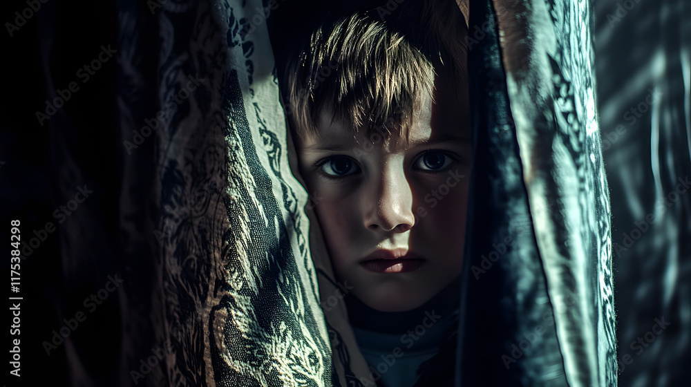 A Frightened Child Hiding Under a Blanket in a Dimly Lit Room with Unsettling Shadows A Frightened Child Hiding Under a Blanket in a Dimly Lit Room with Unsettling Shadows