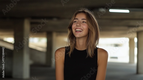 Bright and carefree, a young woman clad in a black top smiles in a spacious urban setting, enveloped by concrete structures and softly lit surroundings, radiating joy photo