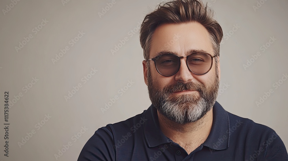 Fototapeta premium Confident man with glasses and salt and pepper beard smiles slightly. Ideal for a professional profile picture or lifestyle blog post.