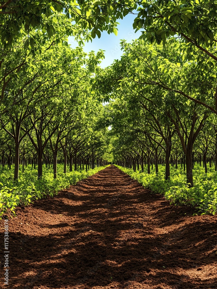Lush orchard path, sunlight, trees, summer, agriculture, peaceful, nature backdrop, website/blog. Lush orchard path, sunlight, trees, summer, agriculture, peaceful, nature backdrop, website/blog.