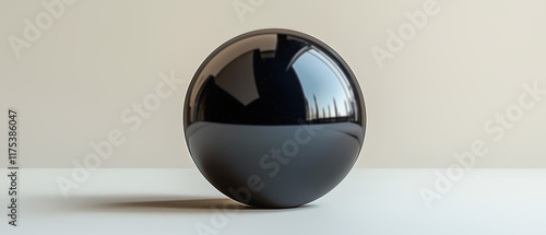 A perfect black metallic sphere with reflective surface photographed against minimalist white and beige background, demonstrating light reflection and shadow. Generative AI.