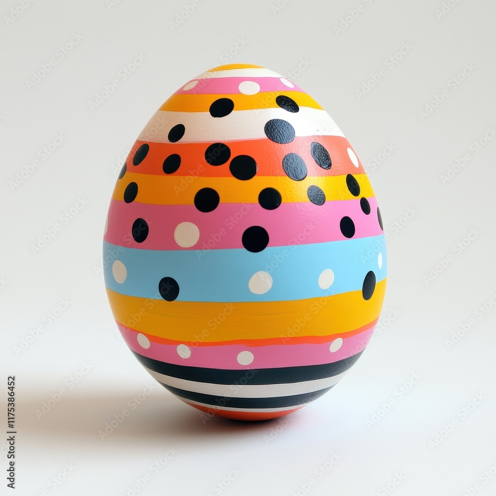 A colorful painted egg with stripes and polka dots A colorful painted egg with stripes and polka dots
