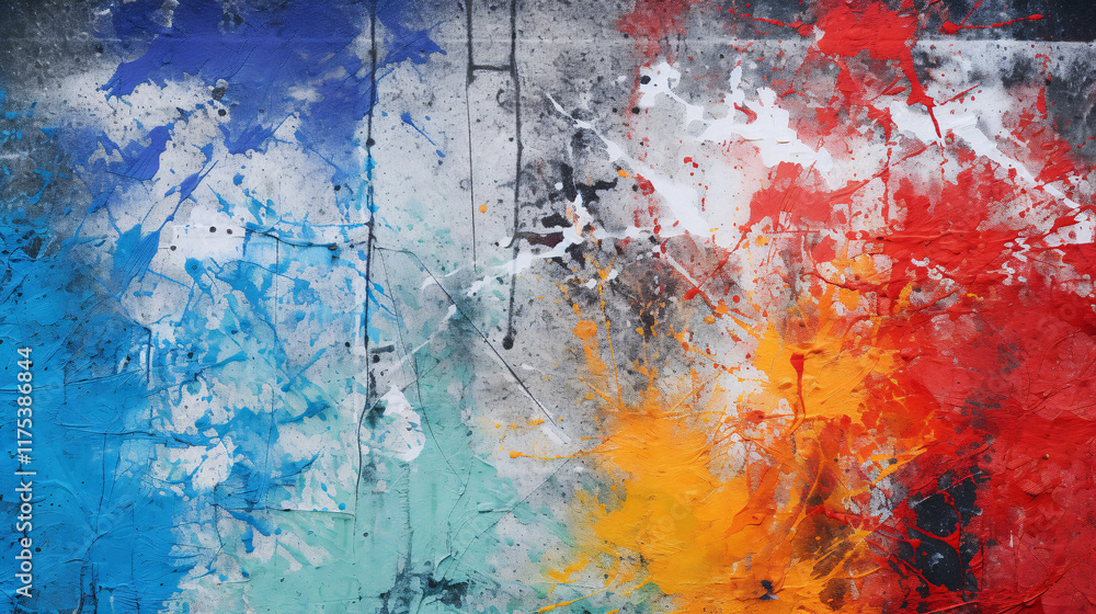 Obraz premium Vibrant Abstract Paint Splash Background with Rich Textures and Bold Colors Including Blue, Red, Yellow, and Black for Creative Projects