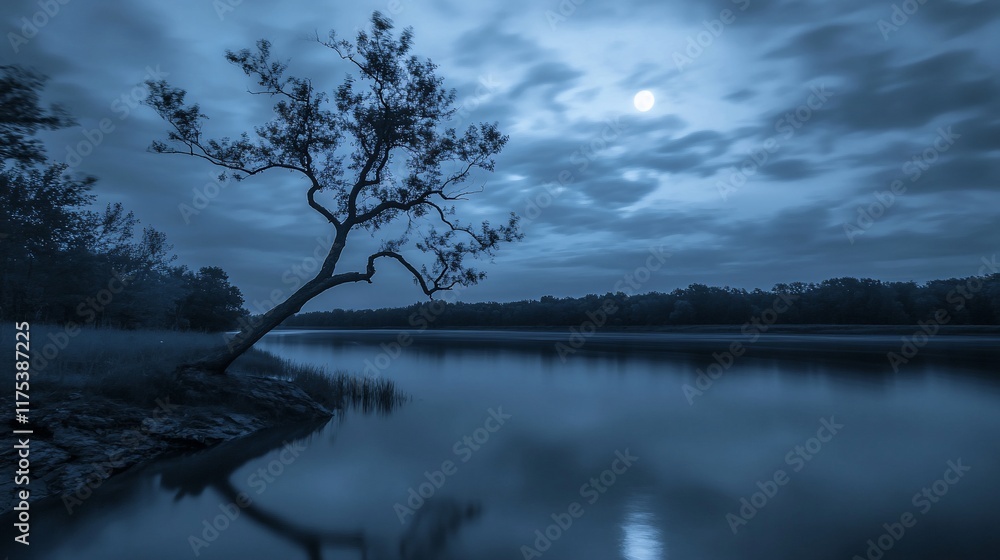 Serene Nightscape: Lone Tree by Moonlit Lake Serene Nightscape: Lone Tree by Moonlit Lake