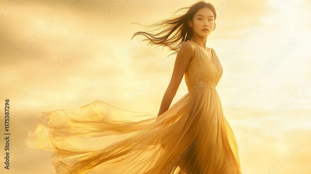 Golden Hour Elegance: A Woman in a Flowing Gown at Sunset Golden Hour Elegance: A Woman in a Flowing Gown at Sunset