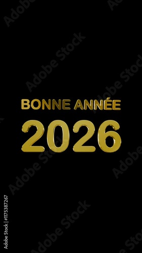 Vertical animation of  Happy New Year 2026 (Bonne Année) wishes in French, with 3D golden text illuminated by light rays. Confetti flies across the black background, creating a festive atmosphere 
