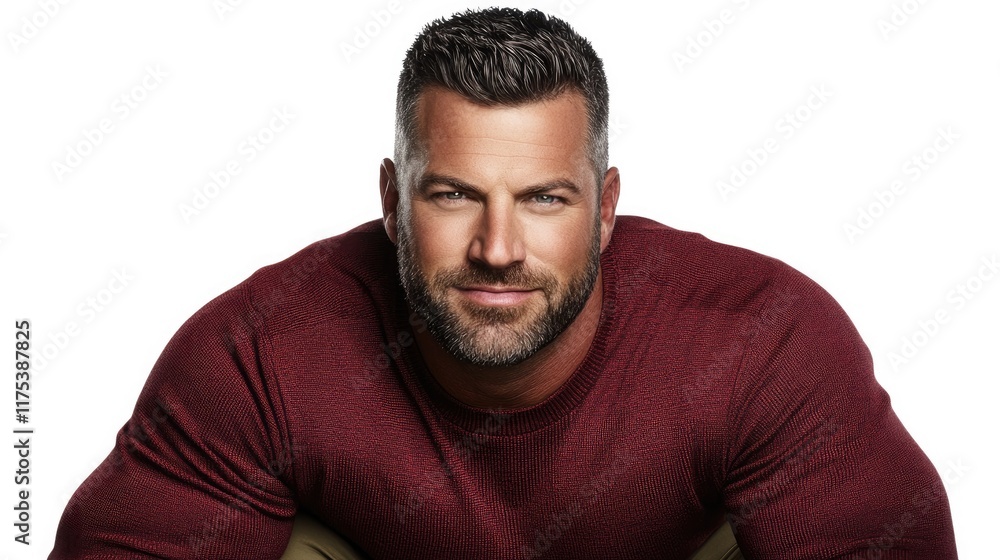 Confident man with short styled hair and beard wearing a burgundy sweater. Ideal for lifestyle, fashion, or fitness campaigns. Confident man with short styled hair and beard wearing a burgundy sweater. Ideal for lifestyle, fashion, or fitness campaigns.