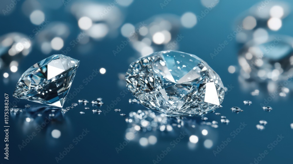 Two Brilliant Diamonds Resting On A Dark Blue Surface Two Brilliant Diamonds Resting On A Dark Blue Surface