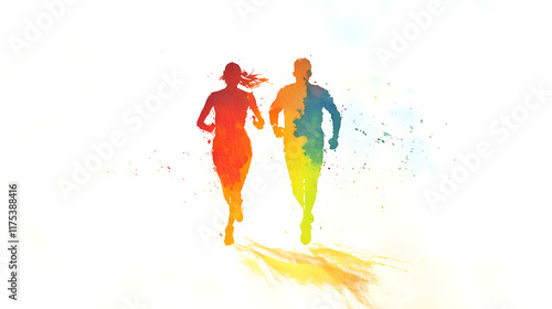 A Serene Watercolor Artwork of a Man and Woman Running Energetically in Vivid Colorful Apparel Against a Soft White Background