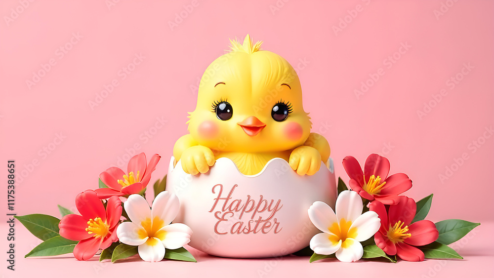 A Cute Easter Chick Emerging from Its Egg Surrounded by Beautiful Flowers and Colors. Happy Easter.