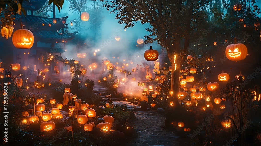 Creepy pumpkin-filled yard surrounded by glowing lanterns and swirling mist Creepy pumpkin-filled yard surrounded by glowing lanterns and swirling mist