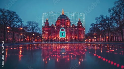 Government building exterior. Concept of cyber security to protect confidential information, padlock hologram