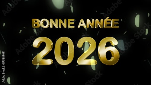 Happy New Year 2026 (Bonne Année) wishes animation in French, with 3D golden text illuminated by light rays. Confetti flies across the black background, creating an elegant and festive atmosphere.