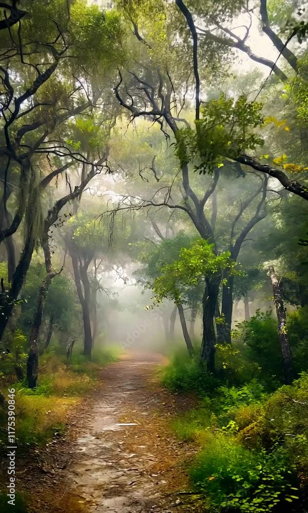 A misty forest path surrounded by trees and greenery, inviting exploration and tranquility. A misty forest path surrounded by trees and greenery, inviting exploration and tranquility.