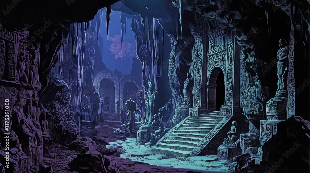 Obraz premium A crumbling temple deep in a jungle, with eerie statues and glowing glyphs illustration, dark fantasy, 1970s