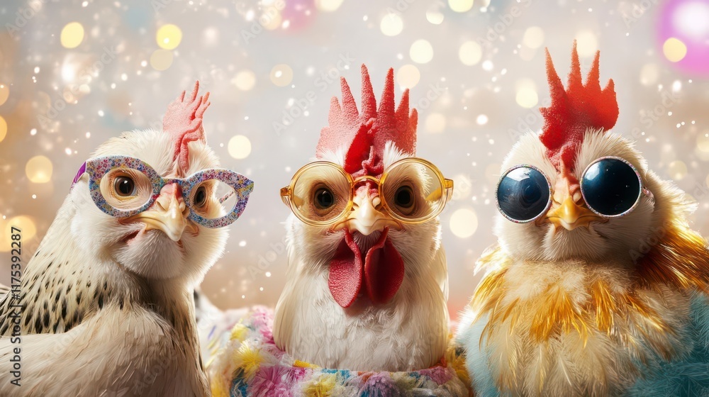 Fototapeta premium Three chickens in stylish specs, a bokeh backdrop. Festive, fun!