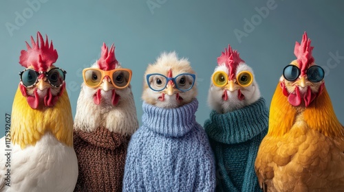 Wallpaper Mural Four chickens in sweaters and glasses pose stylishly.  A whimsical, colorful scene. Torontodigital.ca