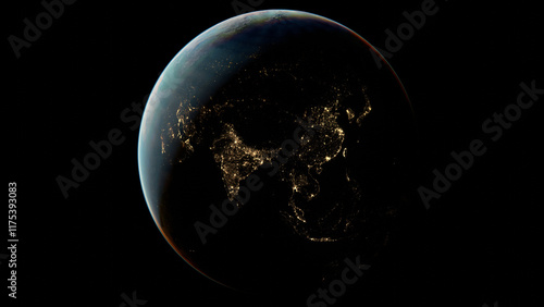 Earth seen from the space, view on the Asia. Orbit of the Earth.
