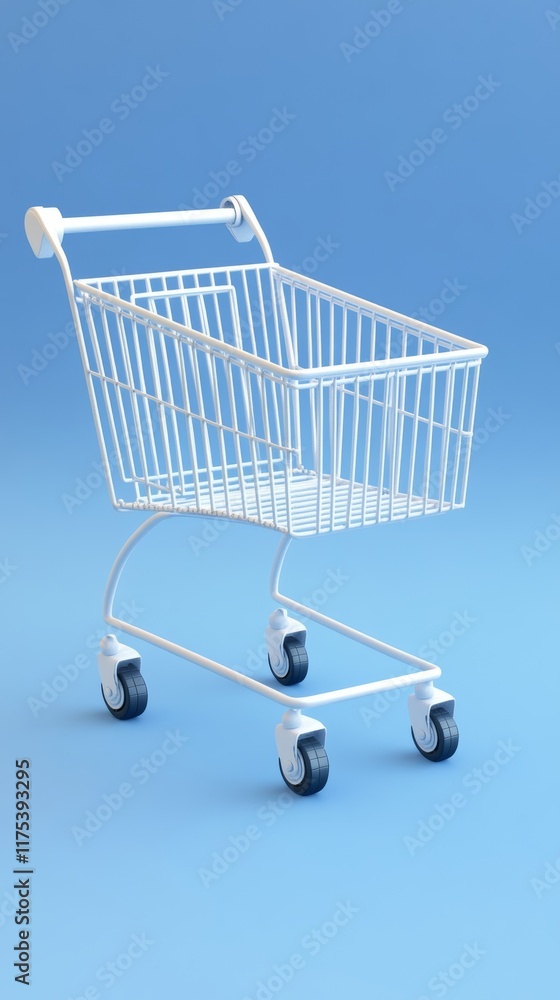 3D white shopping trolley on an isolated blue background