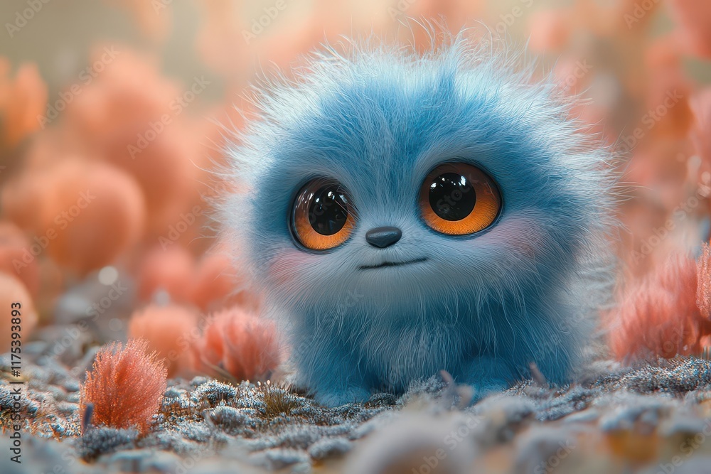 cute fluffy monster with oversized eyes and a playful expression surrounded by a whimsical landscape of vibrant colors and soft textures evoking a sense of joy and charm