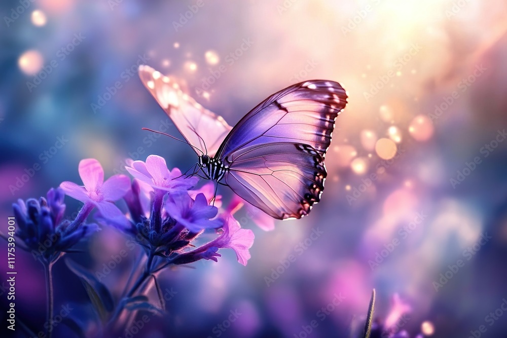 Butterfly lands gently on purple flower blossoms bathed in soft sunlight, magical nature scene. Butterfly lands gently on purple flower blossoms bathed in soft sunlight, magical nature scene.