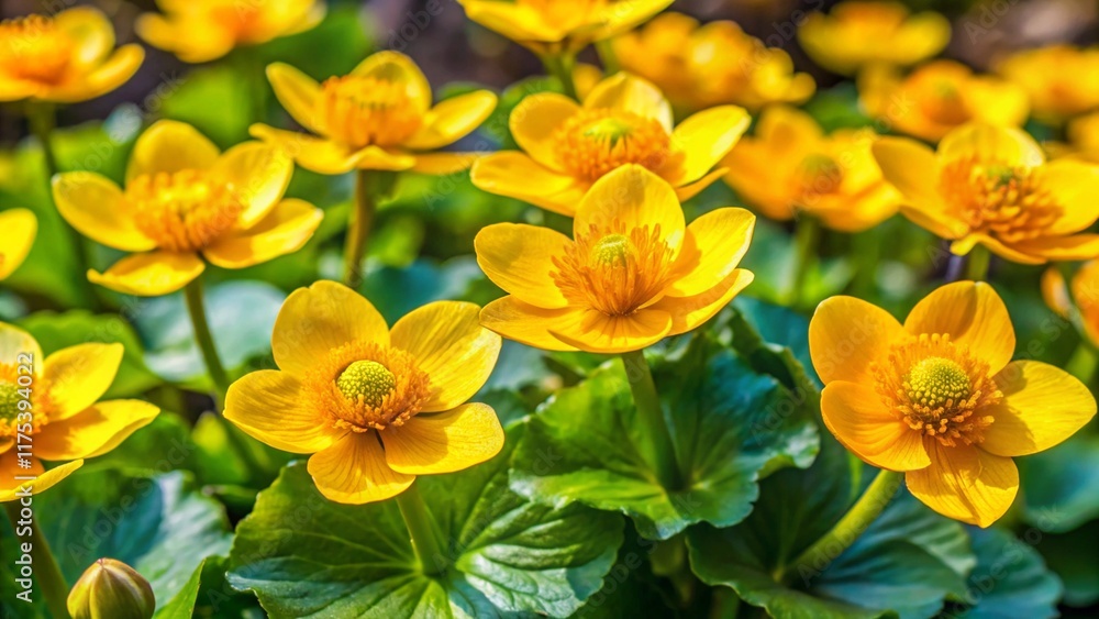 Yellow Caltha flowers in the garden in spring, closeup
Yellow Caltha flowers in the garden in spring, closeup