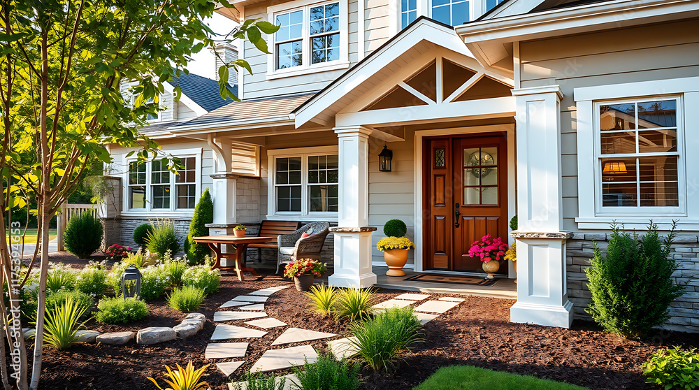 Obraz premium A two-story house with a light-colored facade, white columns, and a stone base. A stone pathway leads from the porch to landscaped gardens featuring mulch, shrubs and trees.