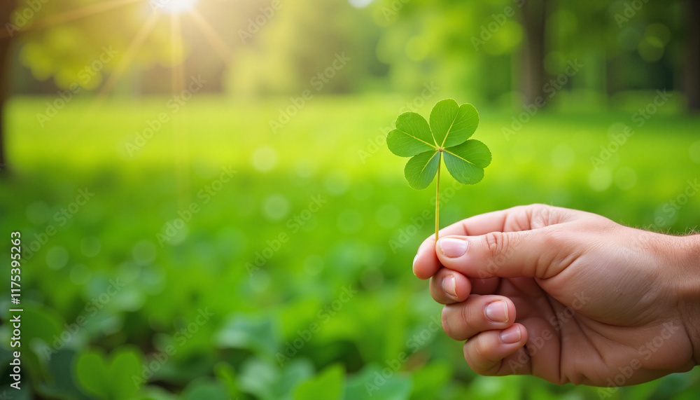Hand holding tiny four-leaf clover in green meadow, St. Patrick's Day Hand holding tiny four-leaf clover in green meadow, St. Patrick's Day