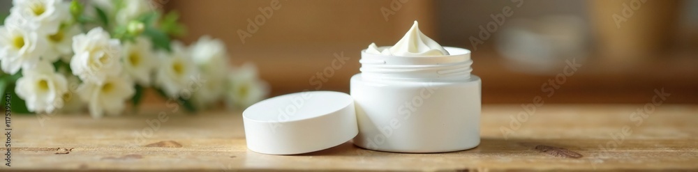 White round plastic cream bottle with a box on a wooden table, white, decoration, table White round plastic cream bottle with a box on a wooden table, white, decoration, table