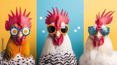 Wallpaper Mural Three stylish roosters in sunglasses, posing against a vibrant backdrop. Torontodigital.ca