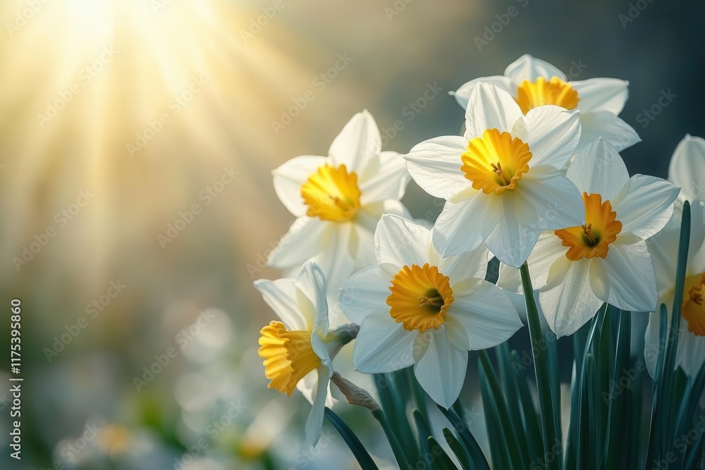 daffodil blooms in radiant white and yellow set against a sunlit spring meadow casting a warm glow soft sunlight filters through delicate petals creating a tranquil and inviting atmosphere daffodil blooms in radiant white and yellow set against a sunlit spring meadow casting a warm glow soft sunlight filters through delicate petals creating a tranquil and inviting atmosphere