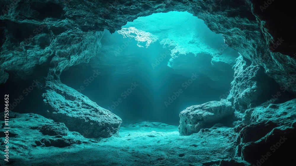 Fototapeta premium Underwater Cave Entrance Light Illuminates Rocks