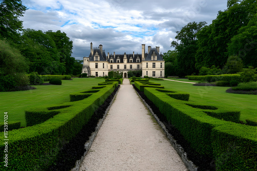 Breathtaking European castle nestled among manicured gardens under a cloudy sky, showcasing timeless architecture and natural beauty
