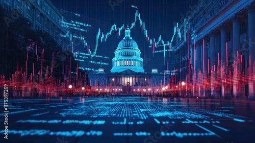 US Capitol Building Night Scene with Stock Market Data Overlay photo