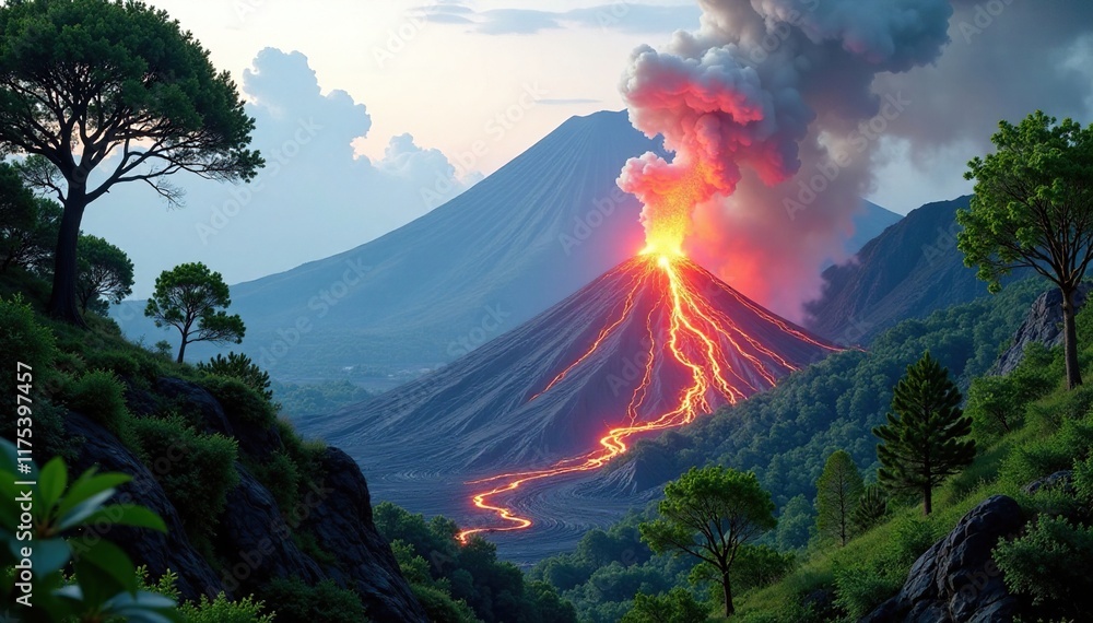 Fototapeta premium Volcanic eruption amidst lush greenery and towering trees, volcanic ash, rugged landscape