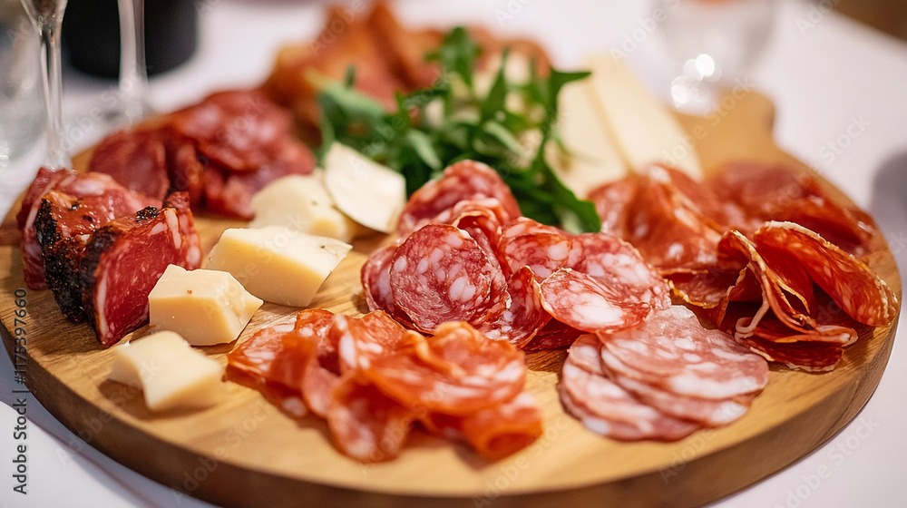 Delicious charcuterie platter featuring assorted meats and cheeses at a dining event in evening Delicious charcuterie platter featuring assorted meats and cheeses at a dining event in evening